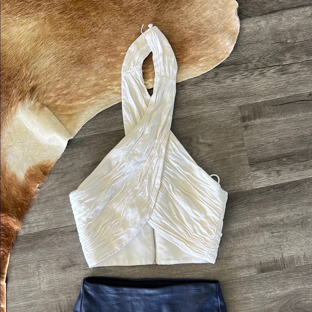 Alice + Olivia White Halter Crop Top
